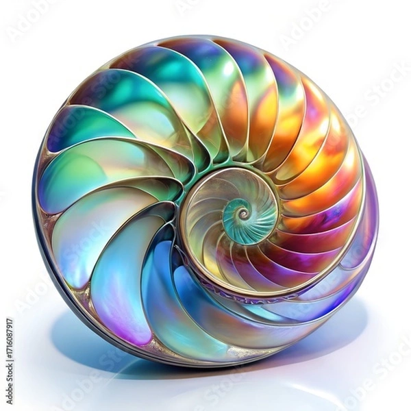 Fototapeta A crosssection of a nautilus shell with iridescent, rainbowcolored chambers, isolated on white background