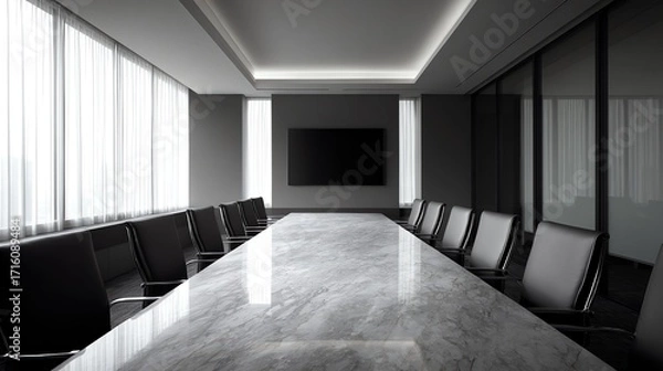 Fototapeta A long conference table with sleek black chairs dominates a modern, minimalist room bathed in soft, diffused light, evoking a sense of quiet anticipation and professional formality.