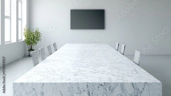 Fototapeta A minimalist conference room features a long, striking marble table dominating the space, conveying a sense of modern sophistication and quiet productivity, illuminated by natural light.