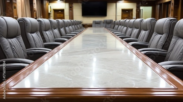 Fototapeta A long conference table with dark leather chairs dominates the room, suggesting a formal and important meeting space, conveying a sense of power and decision-making.