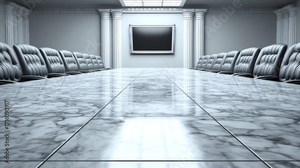 Fototapeta A grand, symmetrical conference room rendered in cool tones evokes a sense of formality and anticipation, with polished marble floors reflecting the light and rows of dark leather chairs facing a