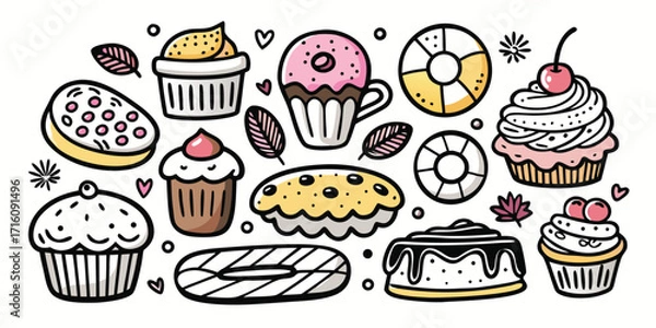 Obraz Whimsical baking essentials collection various pastries doughnuts cakes pies and cupcakes hand drawn style