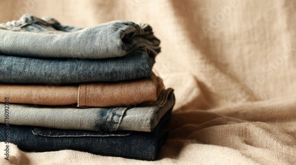 Fototapeta Long jeans folded into a rectangle stack, placed against a soft beige fabric backdrop, minimal fashion display