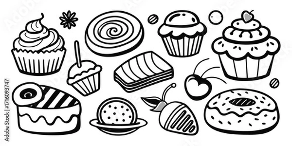 Obraz Hand drawn baking essentials collection featuring cupcakes donuts and cakes delicious treats