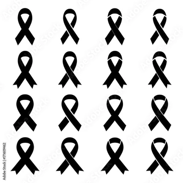 Fototapeta Black awareness ribbon on white background. Mourning sign icons set