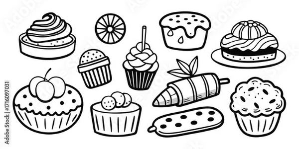 Fototapeta Delicious baked goods assortment collection hand drawn sketch elements