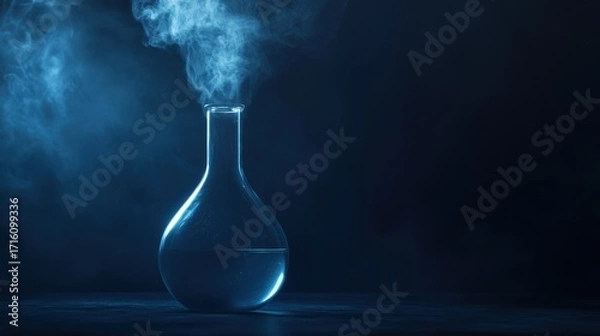 Fototapeta Chemical experiment in laboratory flask with vapor science environment dark viewpoint innovation concept