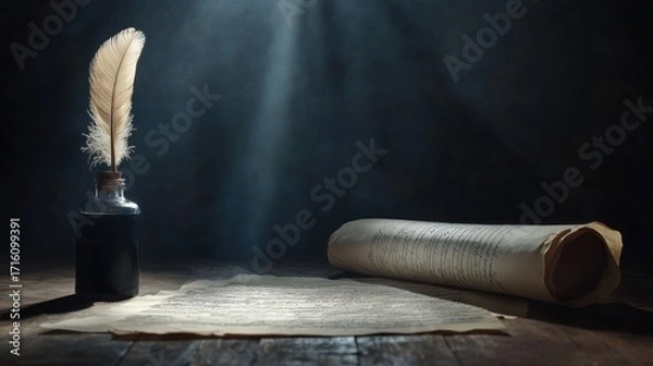 Fototapeta Historic writing instruments ancient library still life enigmatic atmosphere close-up creativity unleashed