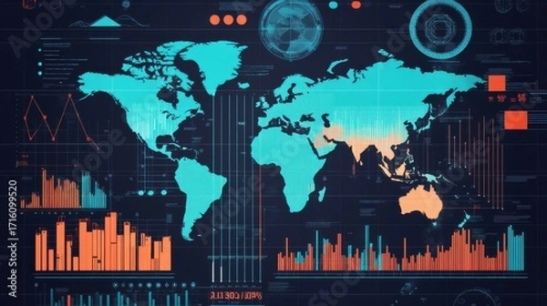 Fototapeta Analyzing global data trends worldwide infographic digital environment bird's eye view information visualization