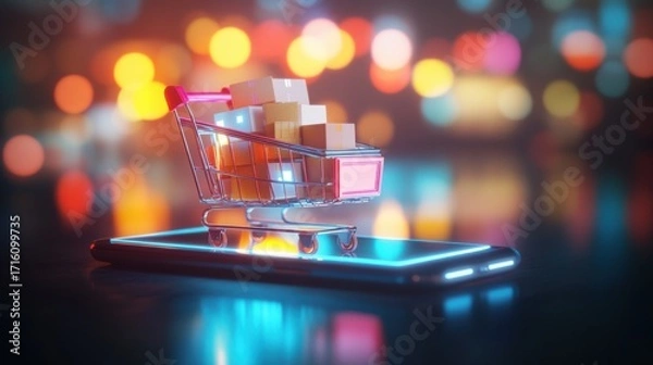 Fototapeta E-commerce revolution shopping cart on smartphone digital marketplace modern retail urban setting close-up view technology concept