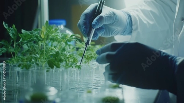Fototapeta Laboratory research on plant growth botanical lab scientific experiment controlled environment close-up view agriculture insights