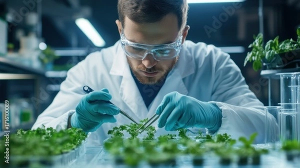 Fototapeta Researcher cultivating plants in laboratory science facility detailed study controlled environment focused perspective