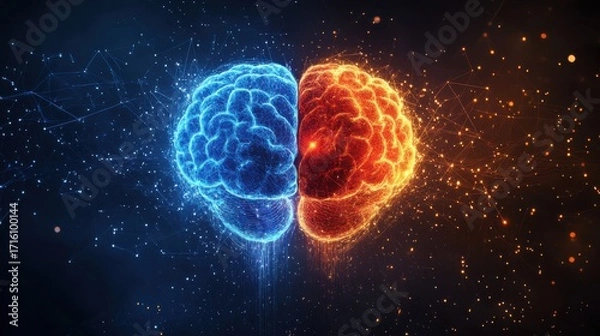 Fototapeta Duality of thought creative vs. Analytical brain visualization digital art futuristic environment abstract concept