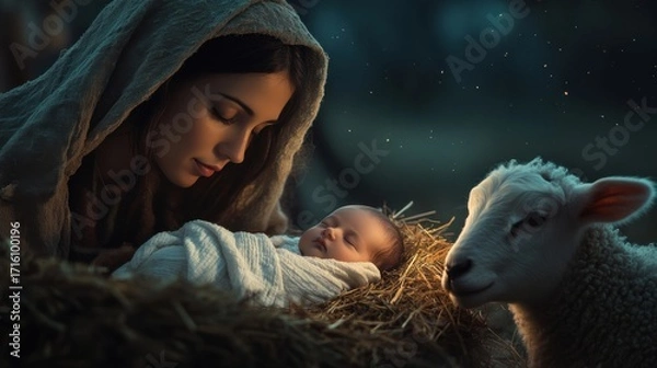 Fototapeta Nativity scene mother and baby jesus with sheep bethlehem religious art nighttime intimate and peaceful setting