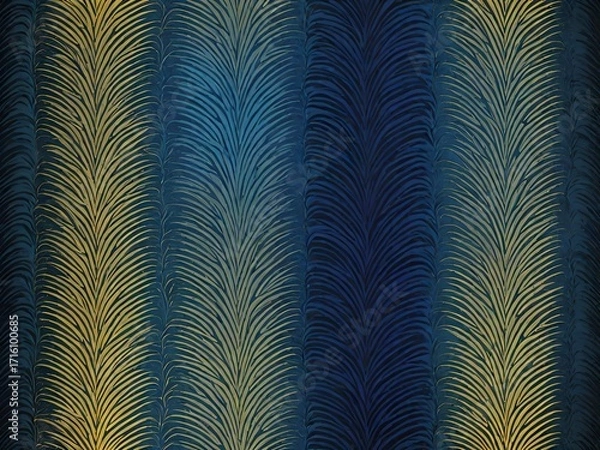 Fototapeta An abstract, textured pattern of vertical stripes with a feather or leaf motif in a gradient of blue and gold.