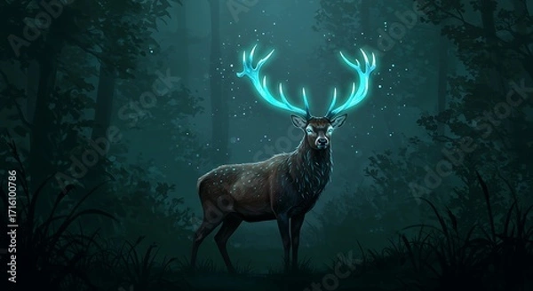 Fototapeta Deer with bioluminescent, digital antlers