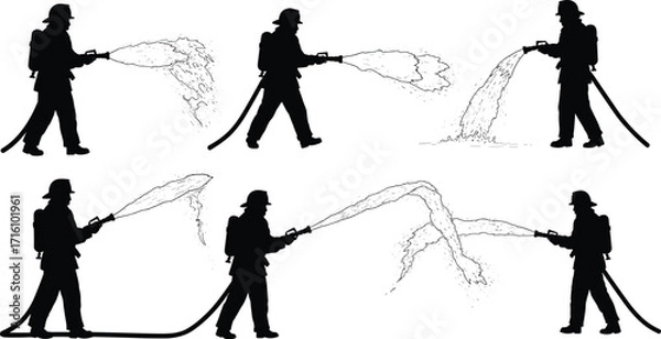 Fototapeta Silhouette of firefighters battling a blaze with a fire hose, spraying water during an emergency, rescue, or training exercise.