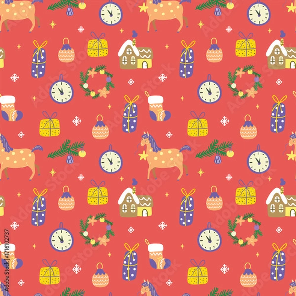Fototapeta Seamless Christmas pattern on a red background. Hand-drawn in flat style.
