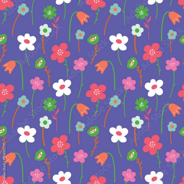 Fototapeta Seamless vector pattern with delicate multicolored flowers in flat style on a lilac background, for fabric or packaging design.