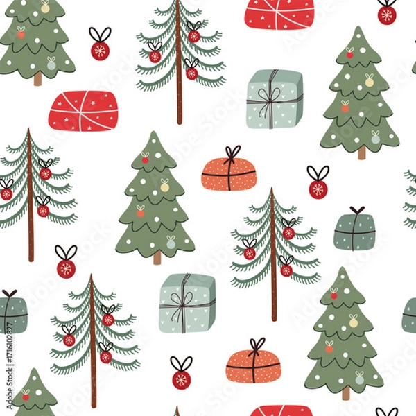 Fototapeta A seamless pattern with stylized Christmas trees and gifts on a white background. Hand-drawn in a flat style.