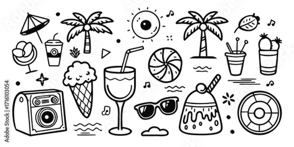 Obraz Summer beach vacation icons tropical vibes palm trees ice cream drinks sunglasses and music nostalgia