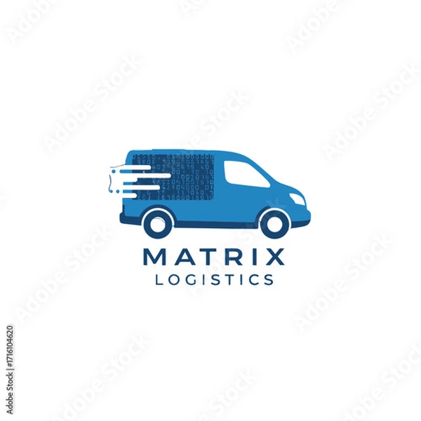 Fototapeta Blue delivery van in motion representing logistics services, with a simple design and minimal background