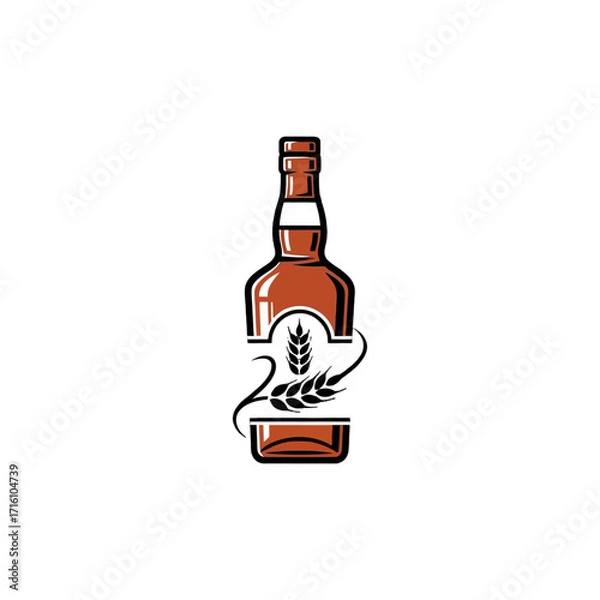 Fototapeta Brown whiskey bottle with a wheat design label, isolated on a white background for product display