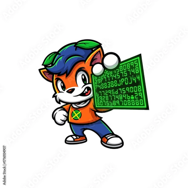 Fototapeta Cartoon character with green leaves on head holding a digital board with numbers, showcasing tech skills