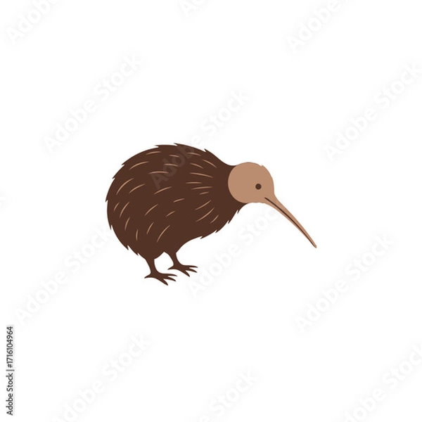 Fototapeta Cartoon illustration of a kiwi bird standing on a white background, showcasing its unique features
