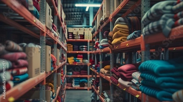 Fototapeta Neatly stacked textiles on warehouse shelves ready for distribution
