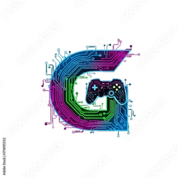 Fototapeta Colorful circuit board design featuring a stylized letter G and a game controller, symbolizing gaming technology