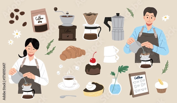 Obraz 카페에서 사용하는 도구와 디저트 그리고 바리스타