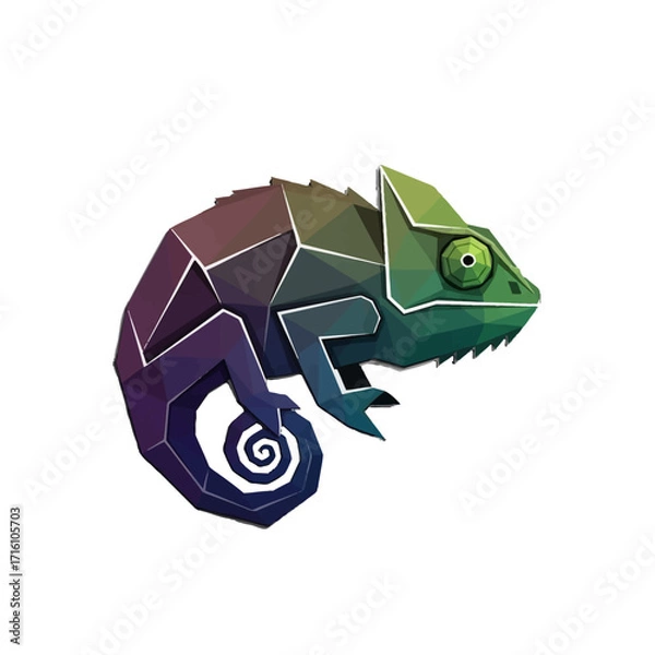 Fototapeta Colorful geometric chameleon illustration on a white background, showcasing vibrant hues and angular design