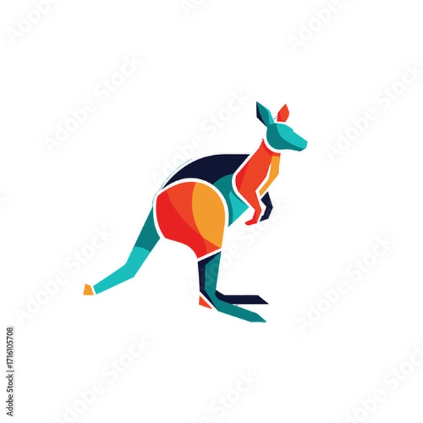 Fototapeta Colorful geometric kangaroo silhouette in motion against a plain background, ideal for playful designs
