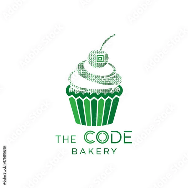 Fototapeta Digital cupcake design featuring binary code, symbolizing tech and baking fusion in a modern setting