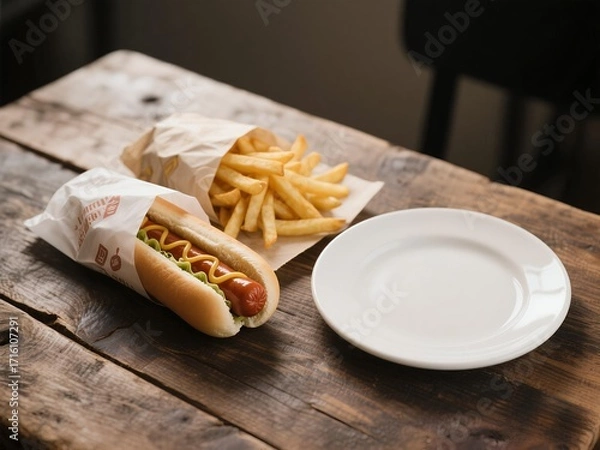 Obraz Hotdogs, fries and plates on the table