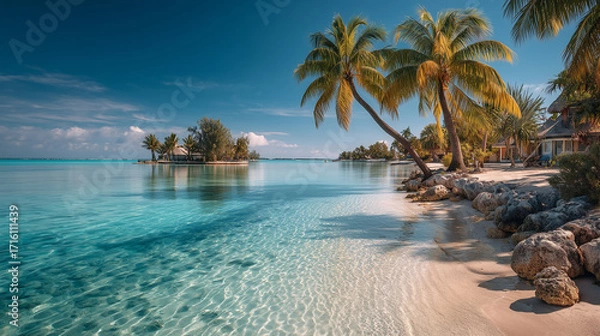 Fototapeta Paradise beach with white sand and coco palms. Summer vacation concept.