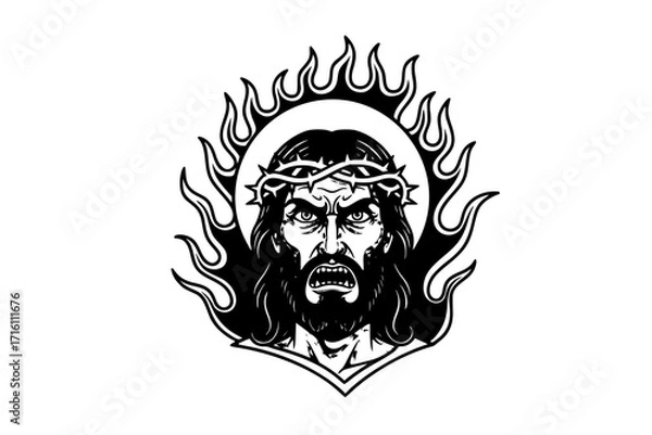Fototapeta Angry Jesus Christ on Fiery Background – Vector Illustration in Old School Tattoo Style, Religious Art with Flames and Expression