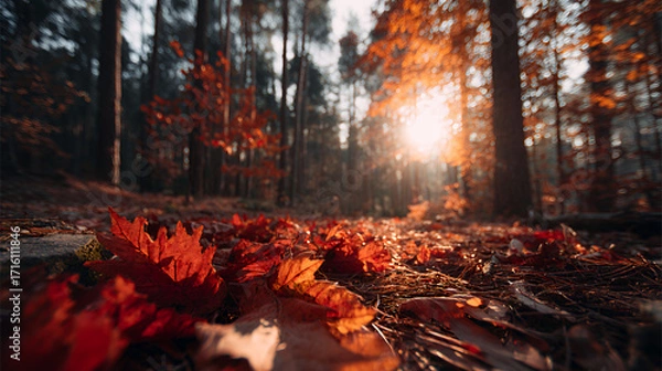 Fototapeta Autumn Maple Leaves on Forest Path, 4K