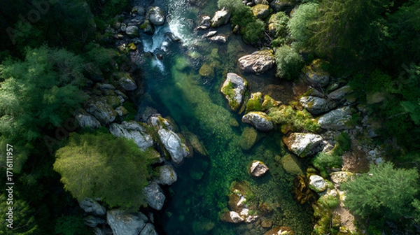 Fototapeta Mountain Stream with Mossy Rocks, 4K
