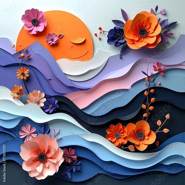 Obraz Papercrafted floral landscape with stylized, undulating waves in blues, purples, and pinks; an orange sun smiles serenely above