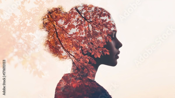 Fototapeta Woman profile silhouette with autumn tree and red leaves double exposure. Nature connection double exposure. Mental health concept.