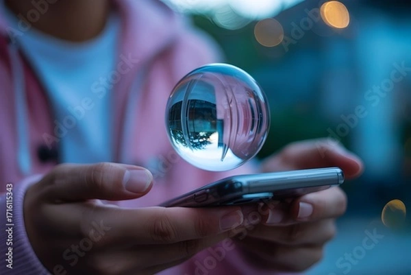 Fototapeta Person levitating crystal ball above smartphone symbolizing digital magic 