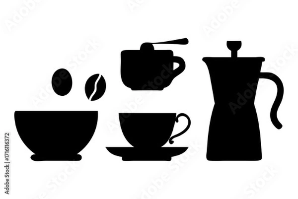 Obraz Black silhouette icons of coffee cup bean maker grinder and pot on a white isolated background.vector icon
