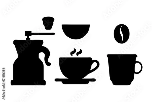 Obraz Black silhouette icons of coffee cup bean maker grinder and pot on a white isolated background.vector icon
