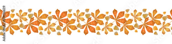 Fototapeta Autumn border of beautiful leaves. Seamless horizontal leaf pattern. Vector design for Thanksgiving, Harvest Day, card, packaging, banner, poster, advertising, invitation