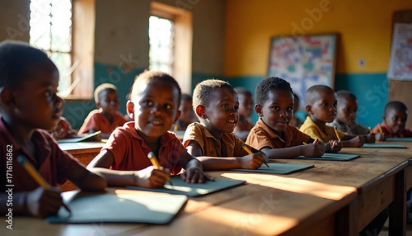 Obraz Rural African Classroom with Children Learning and Teacher Guiding, Educational Scene
