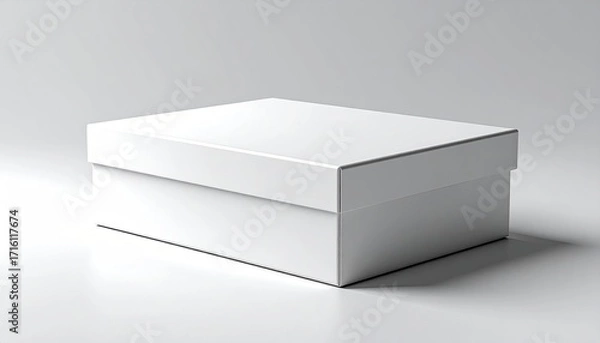 Obraz A plain, rectangular white cardboard box sits on a light gray surface, casting a subtle shadow.  Its lid is closed