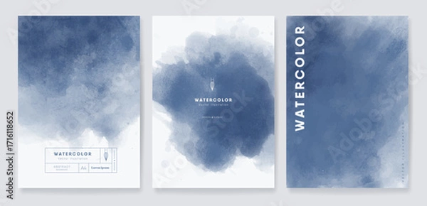 Fototapeta Abstract banner, poster, flyer, cover, invitation or greeting card design template set with dark blue watercolor texture. Top veiw sea wave background collection. Vector illustration