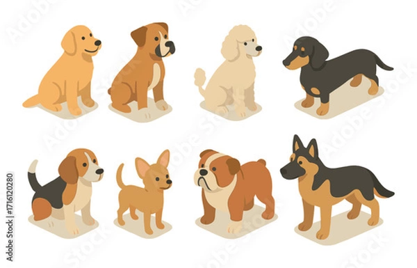 Fototapeta Artistic set of eight cartoon dogs featuring various breeds in warm tones